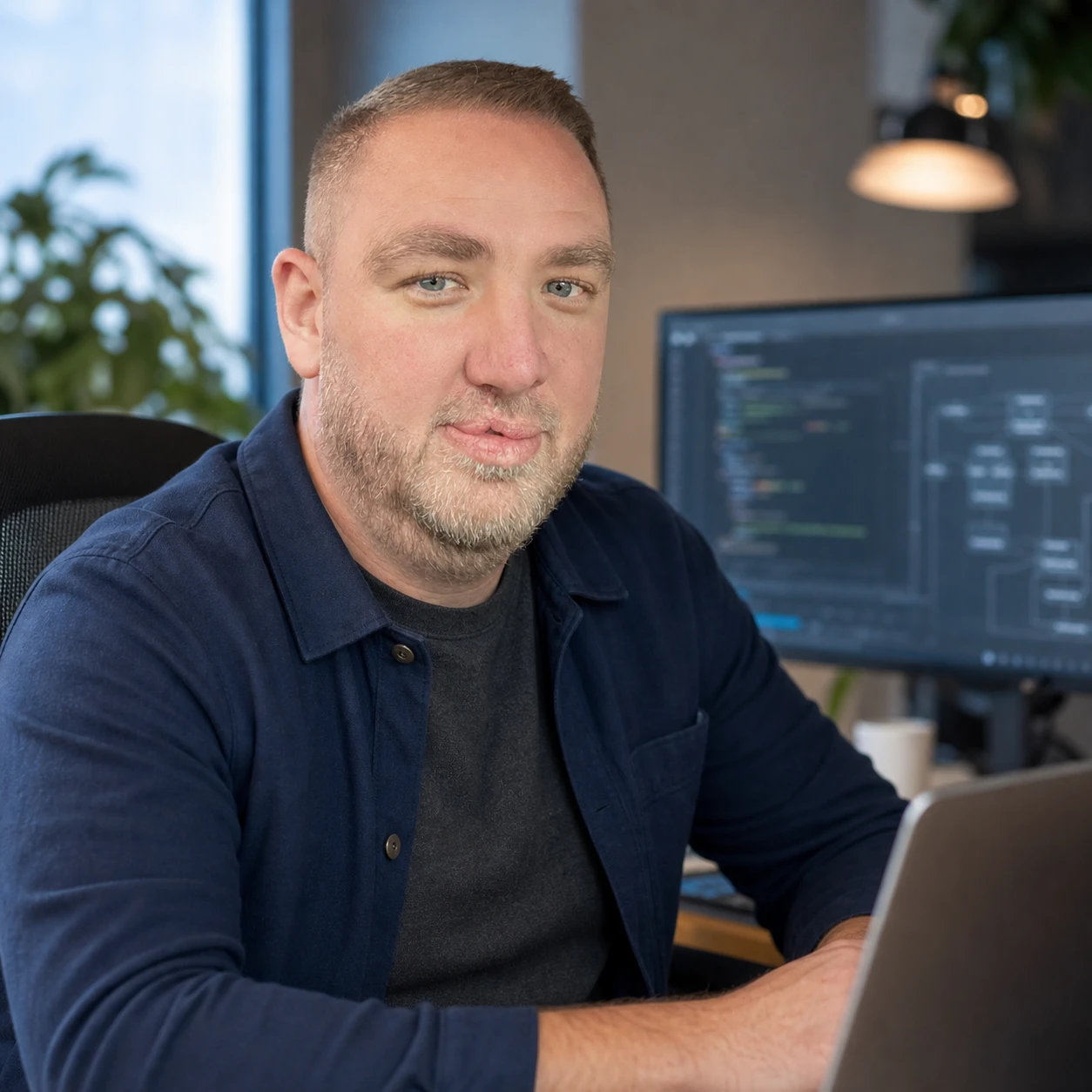 Casper Martinsen ved sin arbejdsplads som softwareudvikler